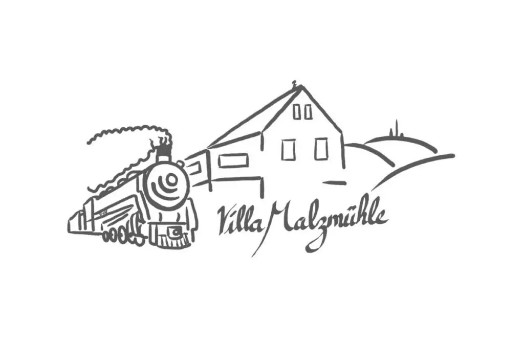 Lokomotive und Haus mit Schriftzug Villa Malzmühle