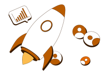 Rakete mit Wachstumsgrafik und Symbolen für Erfolg